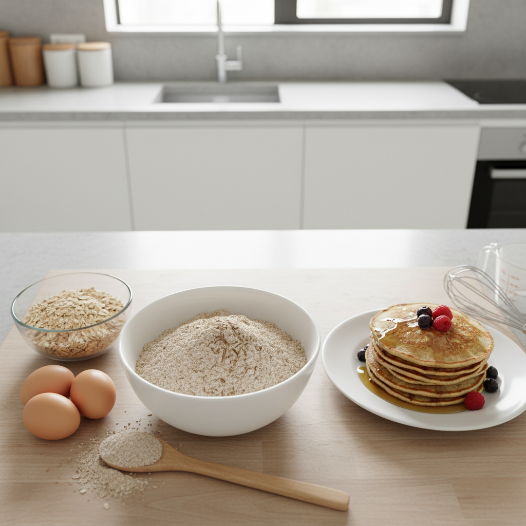 Pilno grūdo miltai ir avižinių blynelių gamyba šviesioje virtuvėje